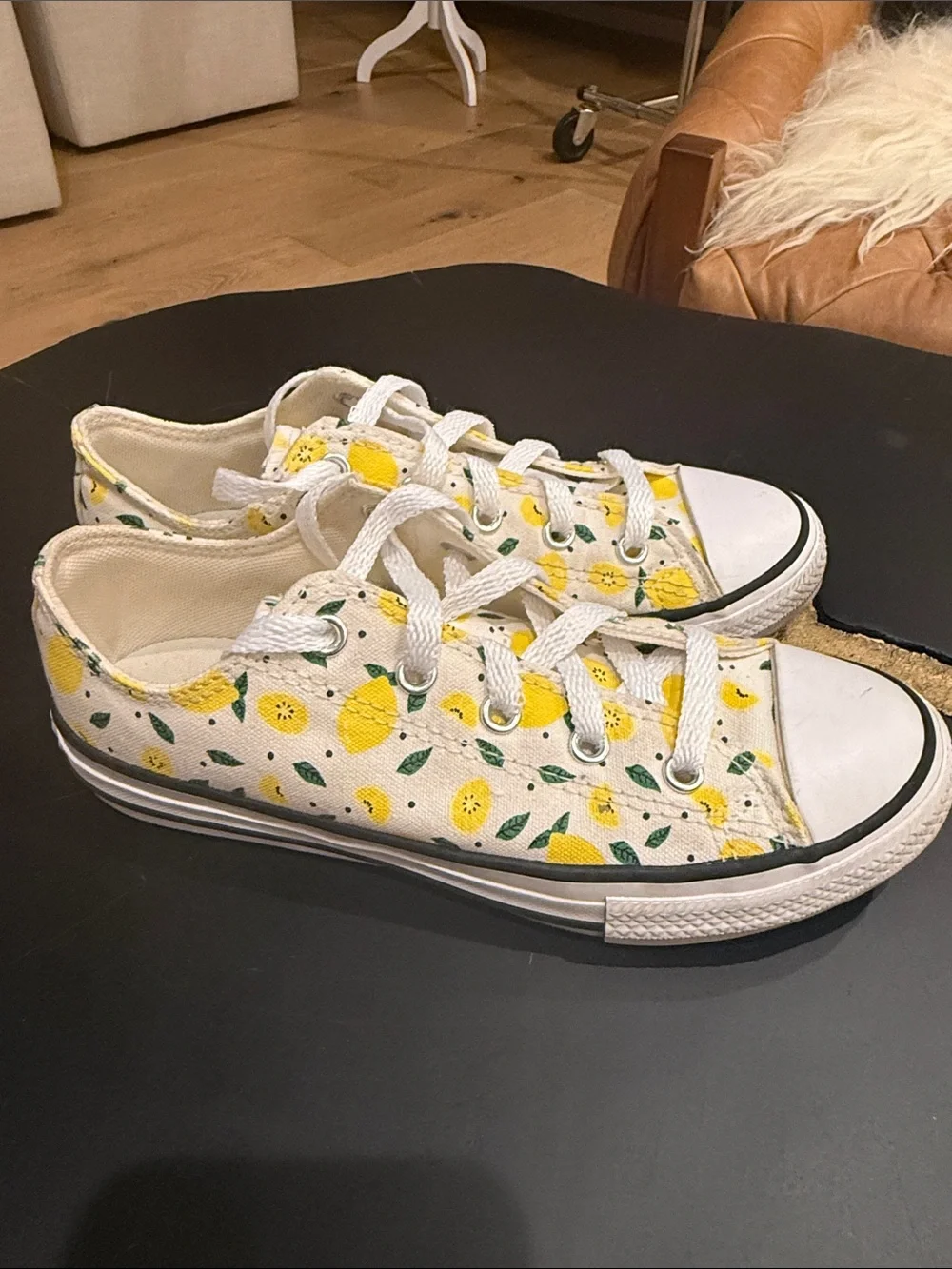 Converse All Star Kids White Low Top Sneakers with Yellow Lemon Print